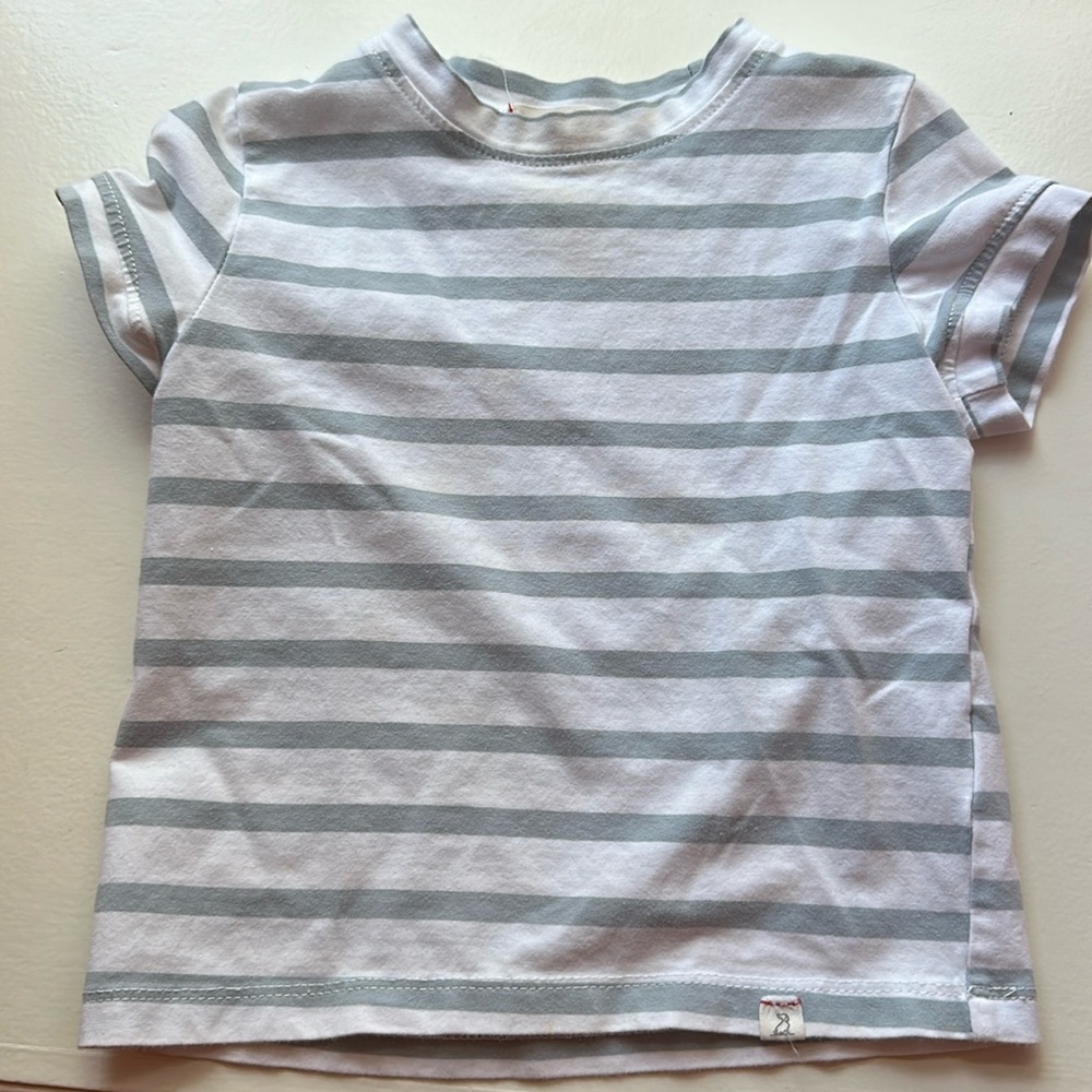 White with blue stripe tee shirt.